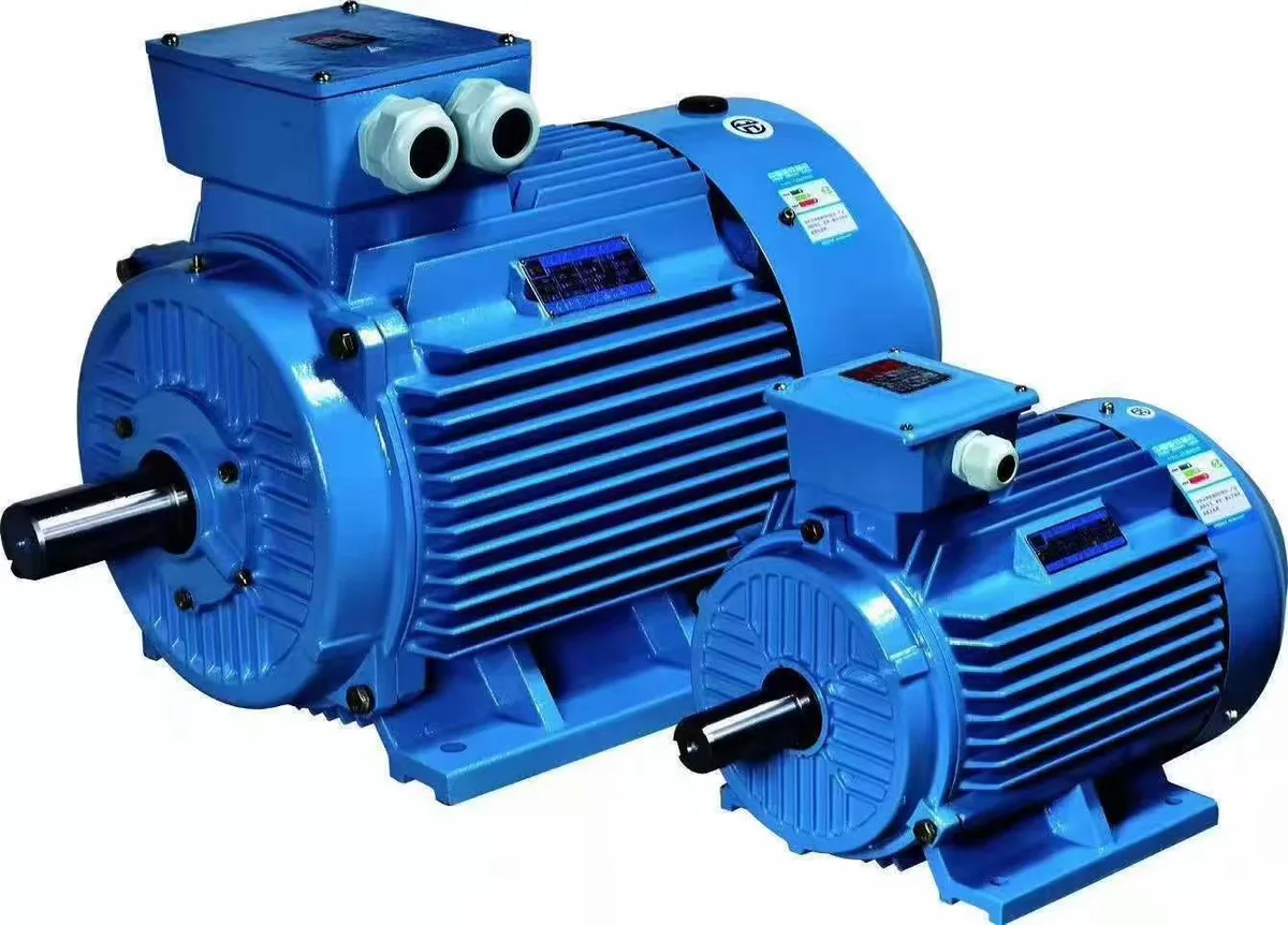 Blue electric motors with cooling fins and output shafts