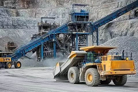 Wheel loader and belt conveyor at a quarry processing site